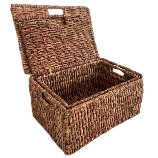 Woven Grass Rectangular Lidded Storage Baskets (Set of 2)