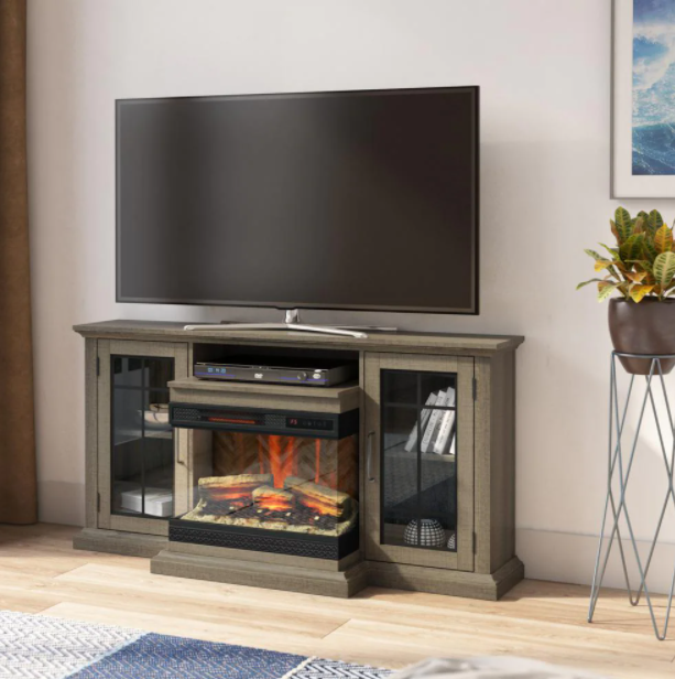 60 in. Media Mantel Fireplace in Omni-Sawblade Marks Brown with Panorama Fireplace