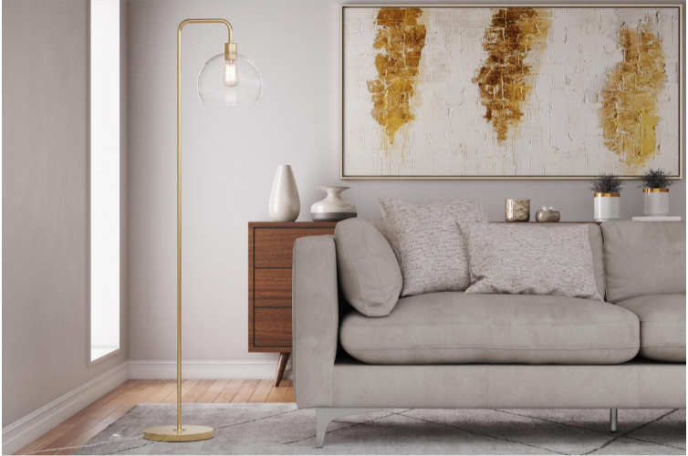 61.5 in. Royal Gold Floor Lamp with Slim-Line Arched Design and Clear Seeded Glass Shade (Bulb Not Included) KB1169-A6-B3-P1