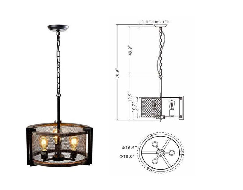 3-Light Matt Black Standard Pendant Lamp with Cylinder Iron Grid frame