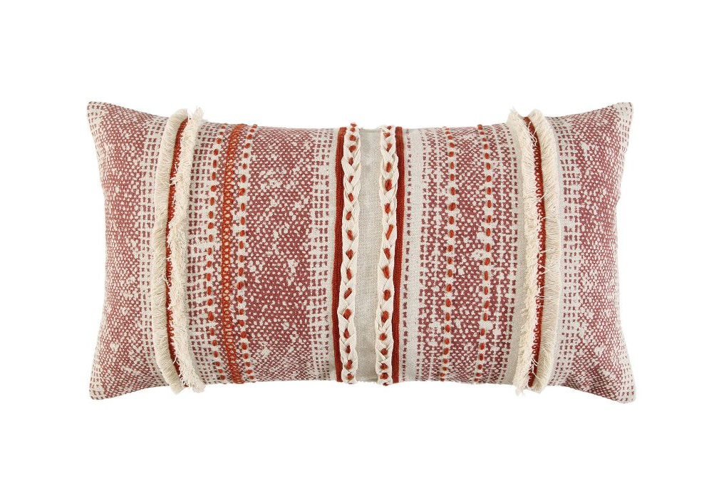14"x26" Oversized Poly Filled Striped Lumbar Throw Pillow Rust - Rizzy Home