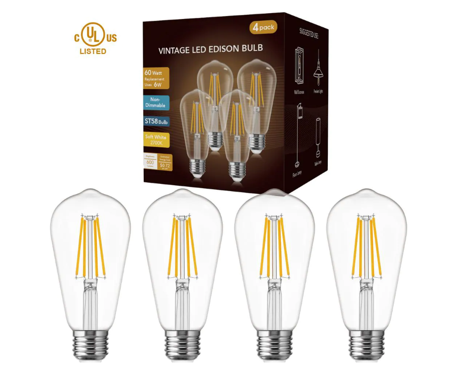 YANSUN UL Listed 60-Watt Equivalent ST58 E26 Edison LED Light Bulb Warm White 2700K (4-Pack) B47-HS134