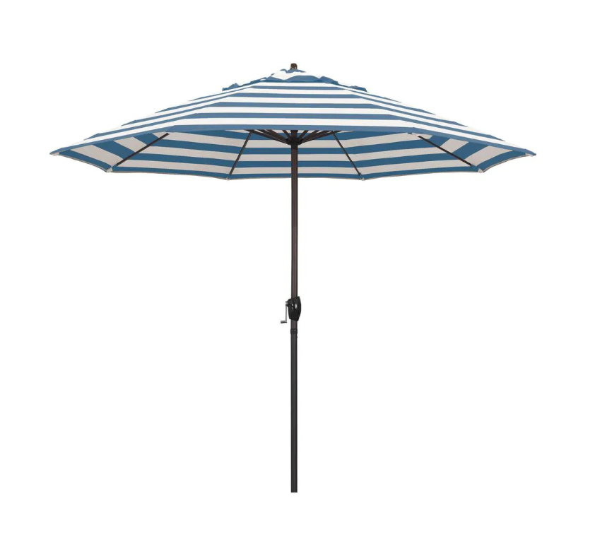 9 ft. Bronze Aluminum Market Auto-tilt Crank Lift Patio Umbrella in Cabana Regatta Sunbrella KB2580-A4-B3-P1