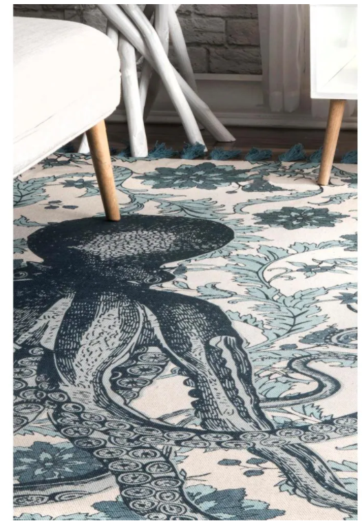 Thomas Paul Contemporary Floral Octopus Aqua 6 ft. x 9 ft. Area Rug