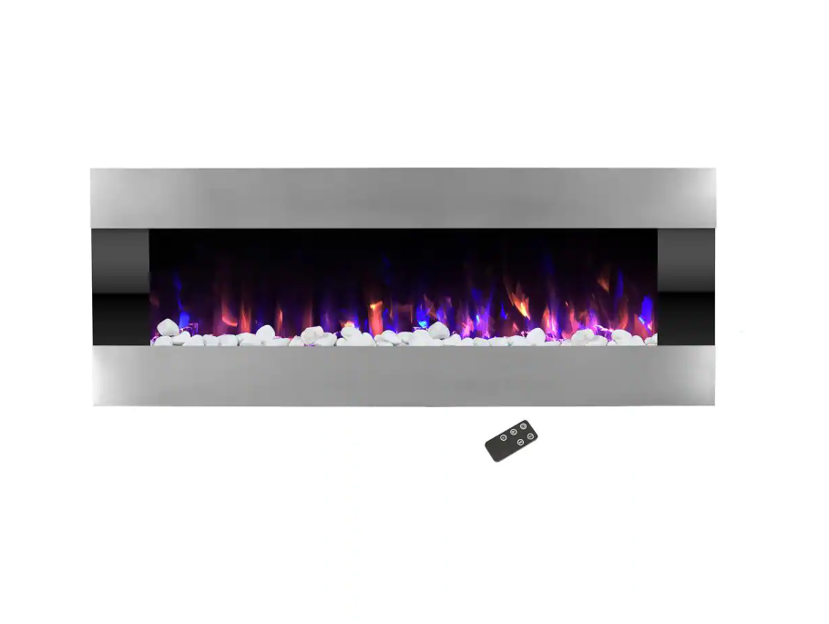 54 in. Stainless Steel Electric Fireplace with Wall Mount and Remote in Silver