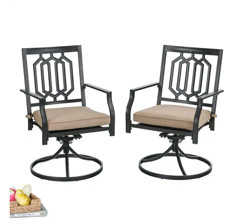 Black Metal Fashion Patio Outdoor Dining Swivel Chair with Beige Cushion (2-Pack)
