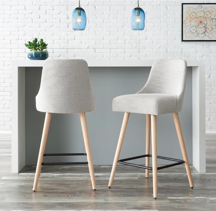 Benfield Natural Finish Upholstered Bar Stool with Back and Biscuit Beige Seat (Set of 2) (19.68 in. W x 41.73 in. H) VB368
