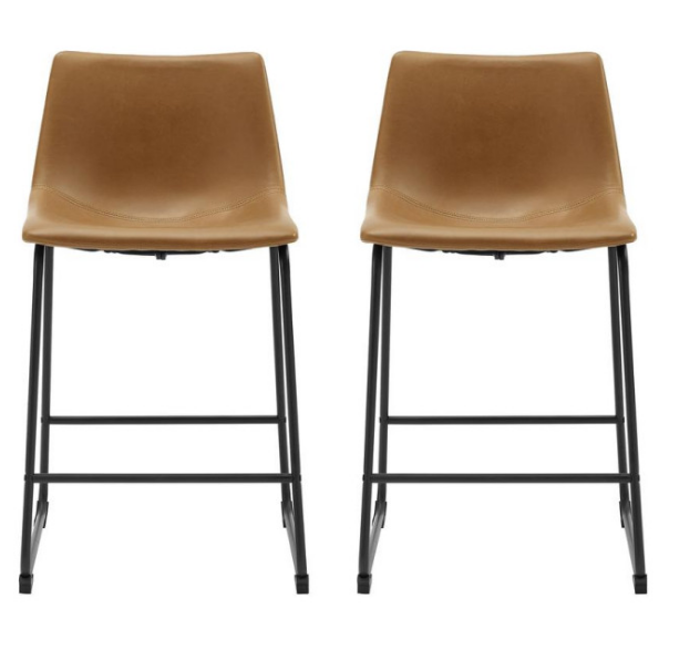 26" Industrial Faux Leather Counter Stool, set of 2- Whiskey Brown