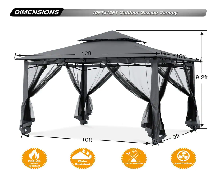 10 ft. W x 12 ft. D Steel Patio Gazebo with Netting