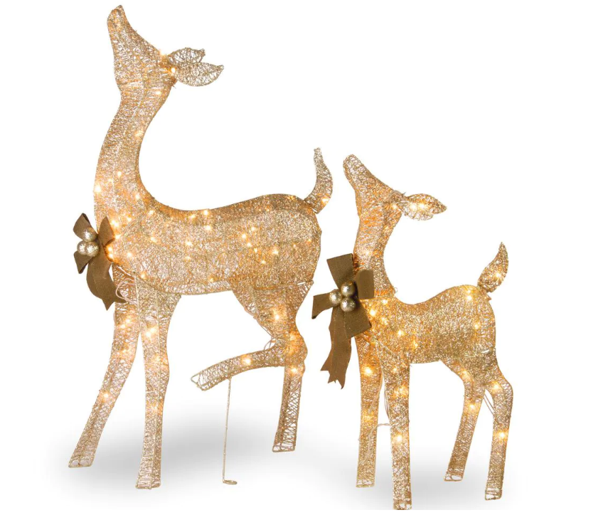 38 in. and 28 in. Fawn and Doe Decoration with Clear Lights, 2-piece set