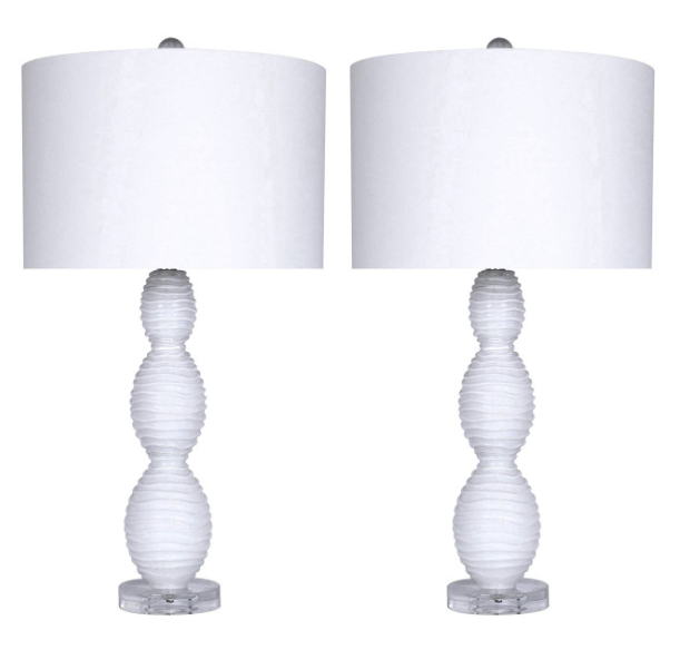 28.75" White Glass Table Lamp Set With White Fabric Drum Shades pt828