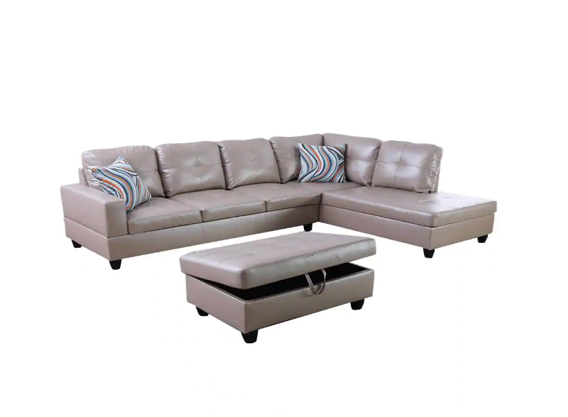 74.5in. W Square Arm 3-Piece Faux Leather L Shaped Sectional Sofa in Silver with Ottoman