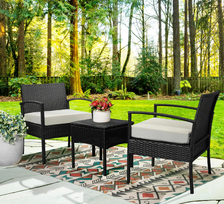 3-Piece Wicker Patio Conversation Set with Tan Cushions
