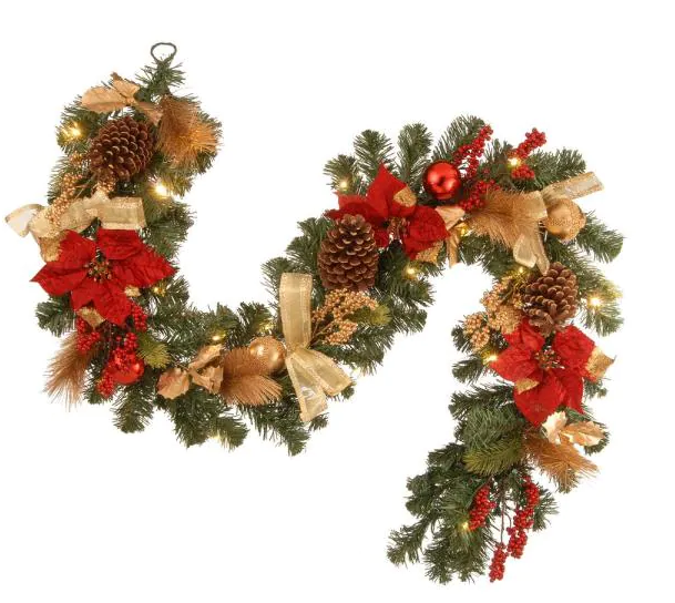 6 ft. Decorative Garland with Ornaments, Berries, Cones Red Ribbon, Poinsettias and 20 LED Lights