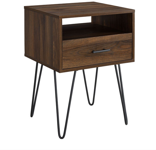 18-Inch Dark Walnut Modern Single Drawer Hairpin Leg Side Table KB858