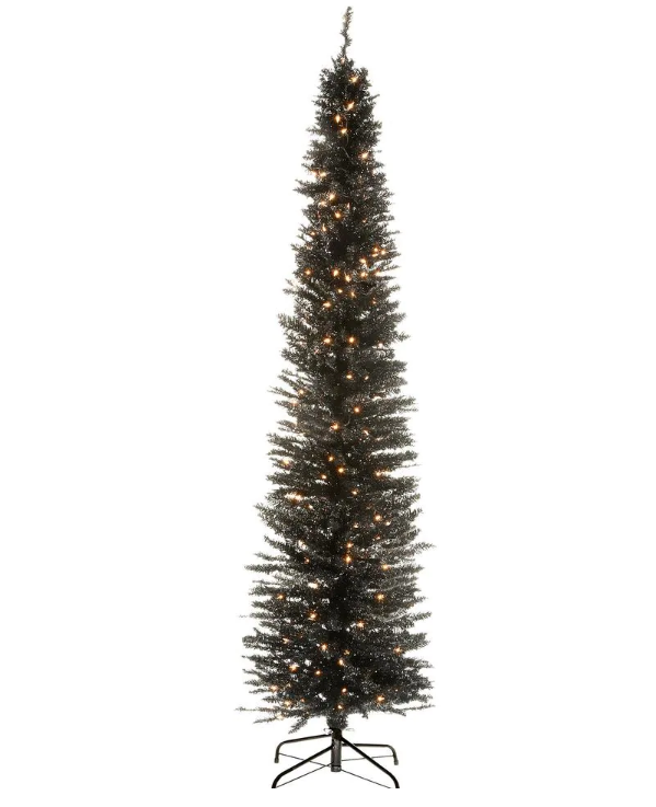 7 ft. Black Tinsel Tree with Metal Stand and 210 Clear Lights