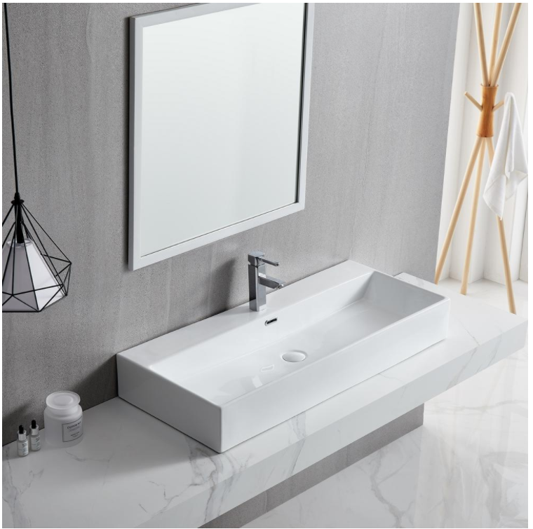 39.38 in. White Above Counter Wall Mounted Ceramic Rectangular Vessel Sink with Pop Up Drain and Overflow
