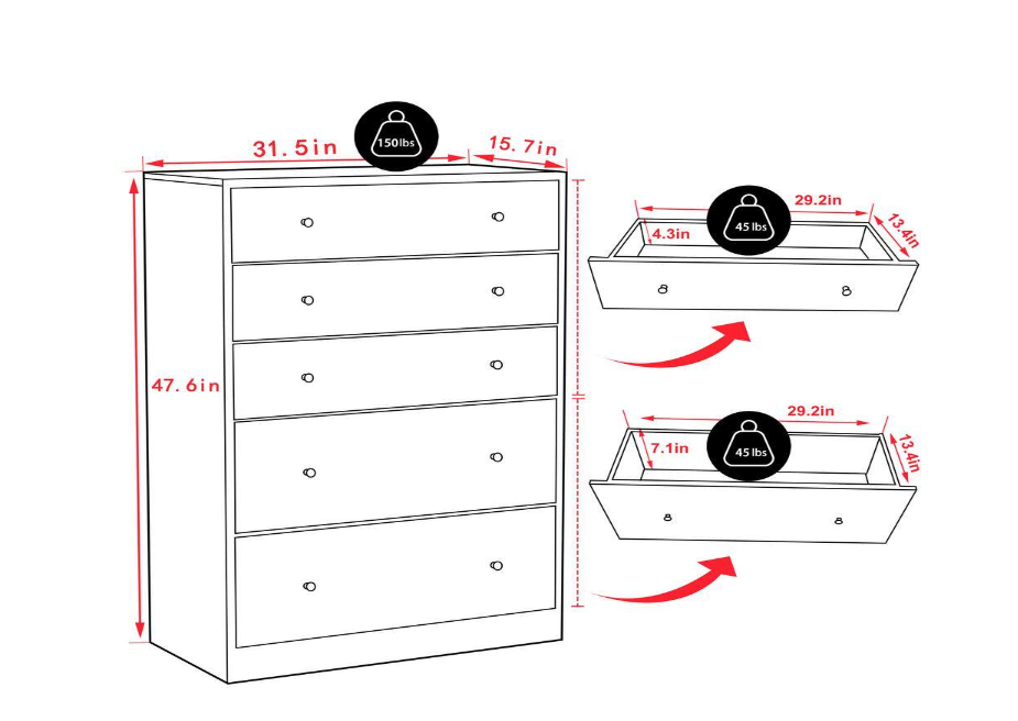 Oversized 5-Drawer Wood Color Chest of Drawers Dresser with 2-Large Drawers 47.6 in. H x 31.5 in. W x 15.7 in. L