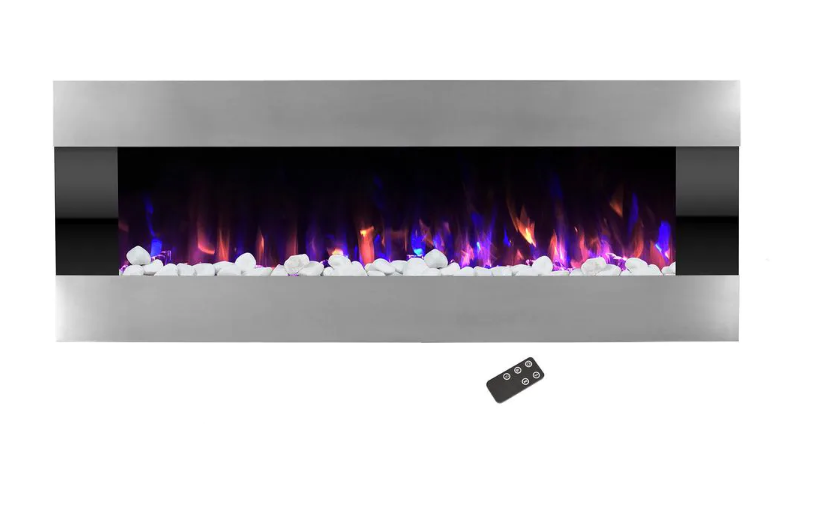 54 in. Stainless Steel Electric Fireplace with Wall Mount and Remote in Silver