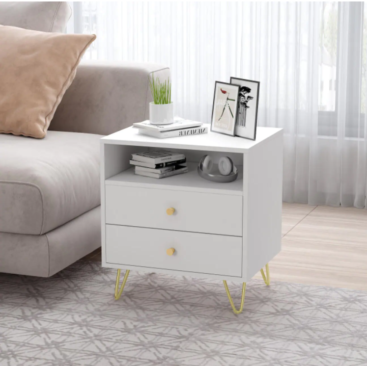 2-Drawer White Nightstands With Metal Legs and Open Shelf *AS-IS*