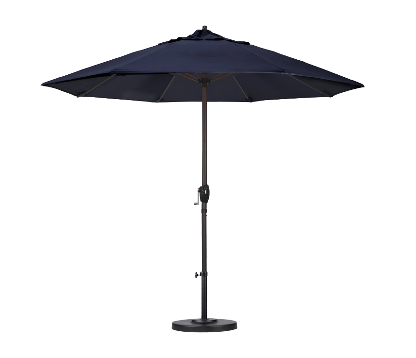 9 ft. Bronze Aluminum Pole Market Aluminum Ribs Auto Tilt Crank Lift Patio Umbrella in Navy Sunbrella