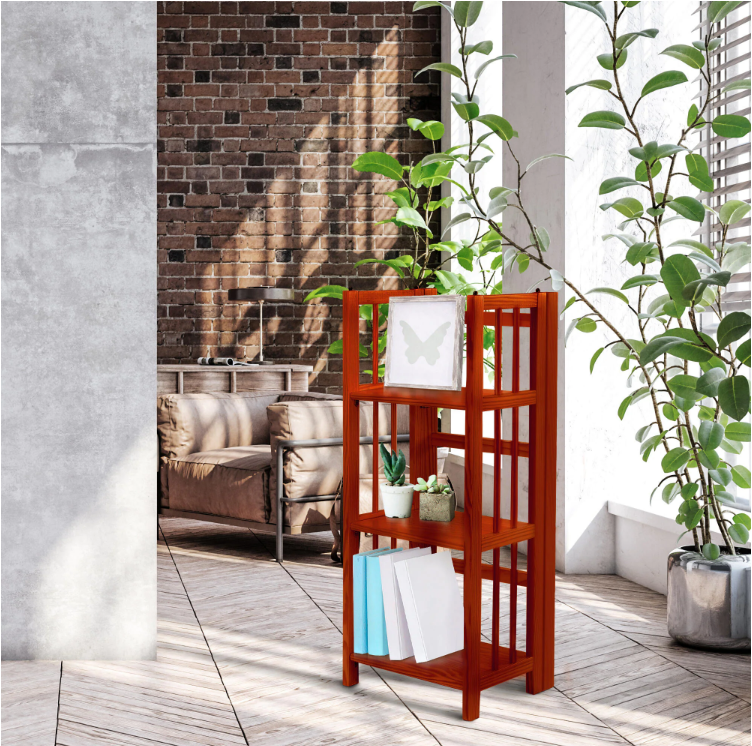 38 in. H Mahogany New Finish Solid Wood 3-Shelf Etagere Folding/Stacking Open Bookcase KBO342