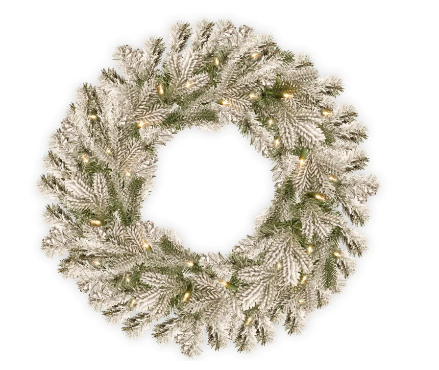 24 in. Battery Operated Snowy Sheffield Spruce Wreath with Warm White LED Lights