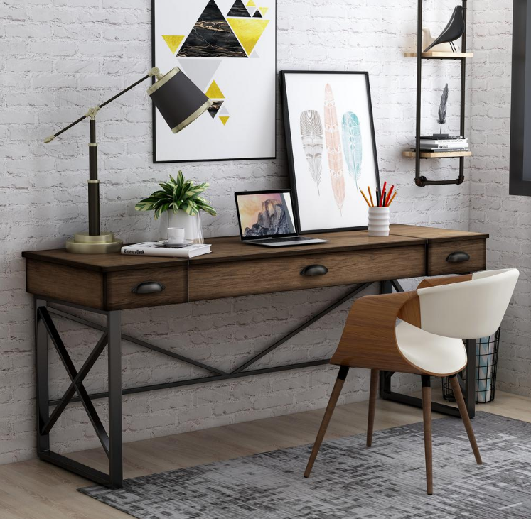 58 in. Rectangular Rustic Oak 2 Drawer Writing Desk with Adjustable Height Feature by Furniture of America KB621