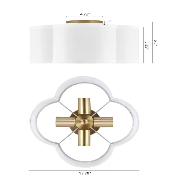 4-Light Semi Flush Mount Light Fixture with White Cloud Shaped Fabric Shade Brass Finish Metal Frame