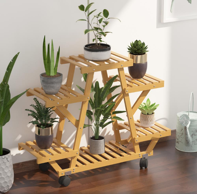 4-Tier Removable Wooden Plant Stand Indoor/Outdoor 6 Shelf Flower Pot Rack with Wheels KB1247-A5-B2-P2