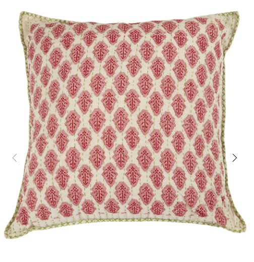 Artisan Hand Loomed Cotton Square Pillow Cover - Red with Green Stitching - 24" B103-KS427