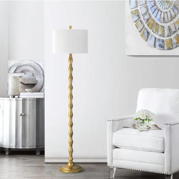 Aurelia 63.5 in. Antique Gold Curved Floor Lamp with Off-White Shade