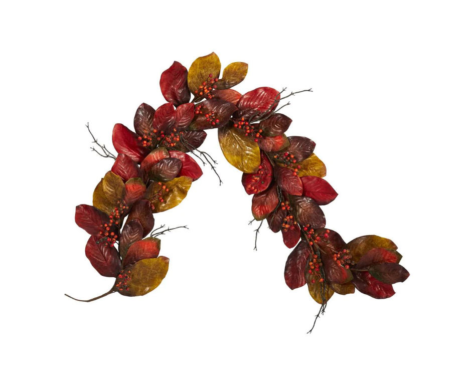 6 ft. Autumn Magnolia Leaf with Berries Artificial Garland KB1358-A5-B2-P2