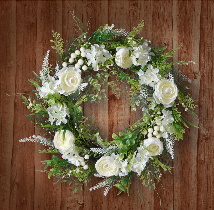 18 in. Artificial White Hydrangea and Rose Wreath VB384