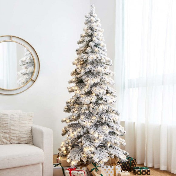 7.5ft Pre-Lit Snow Flocked Layered Spruce Artificial Christmas Tree with 350 Warm White Lights