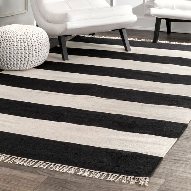 Black Awning Striped Flatweave Tassel 7' 6" x 9' 6" Area Rug