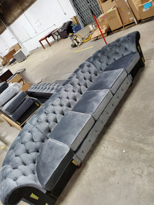 Gray Velvet Tufted Sectional Piece 139"L x 29"H