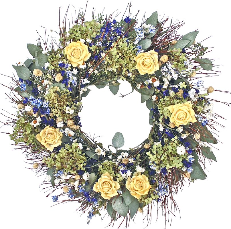 22" Yellow Rose and Hydrangea Wreath (#K2873)