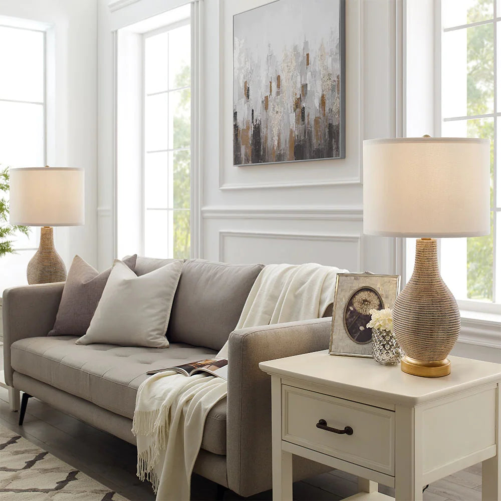 24.5-inch Washed Beige/Gold Farmhouse Table Lamp with White Linen Shade, 9.5-Watt LED Bulbs Included (Set of 2) - 2-Pack--24.5"H
