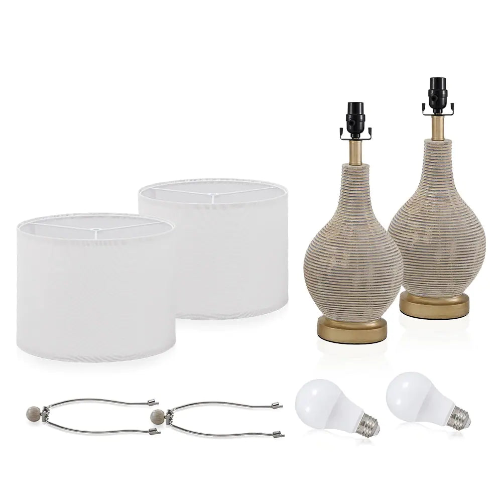 24.5-inch Washed Beige/Gold Farmhouse Table Lamp with White Linen Shade, 9.5-Watt LED Bulbs Included (Set of 2) - 2-Pack--24.5"H