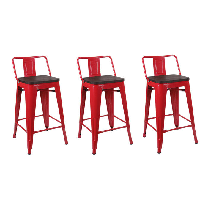 24"Red Stool With Lowback And Wooden Seat (Set Of 3)
