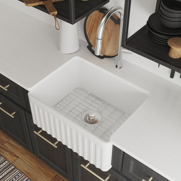 24" L X 18" W Farmhouse/Apron Kitchen Sink with Sink Grid and Basket Strainer