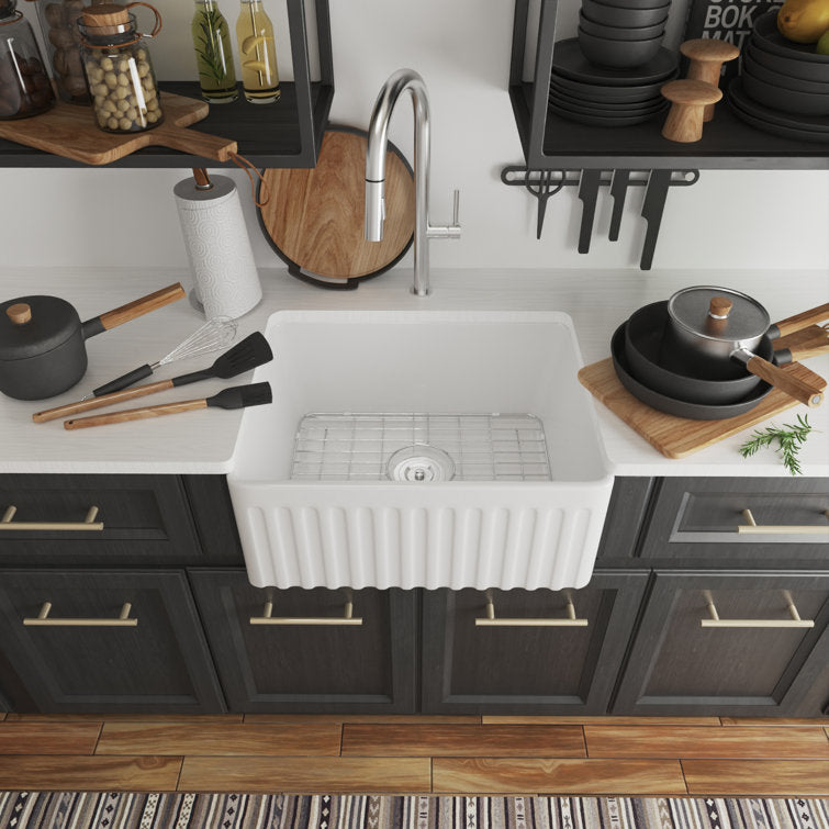 24" L X 18" W Farmhouse/Apron Kitchen Sink with Sink Grid and Basket Strainer
