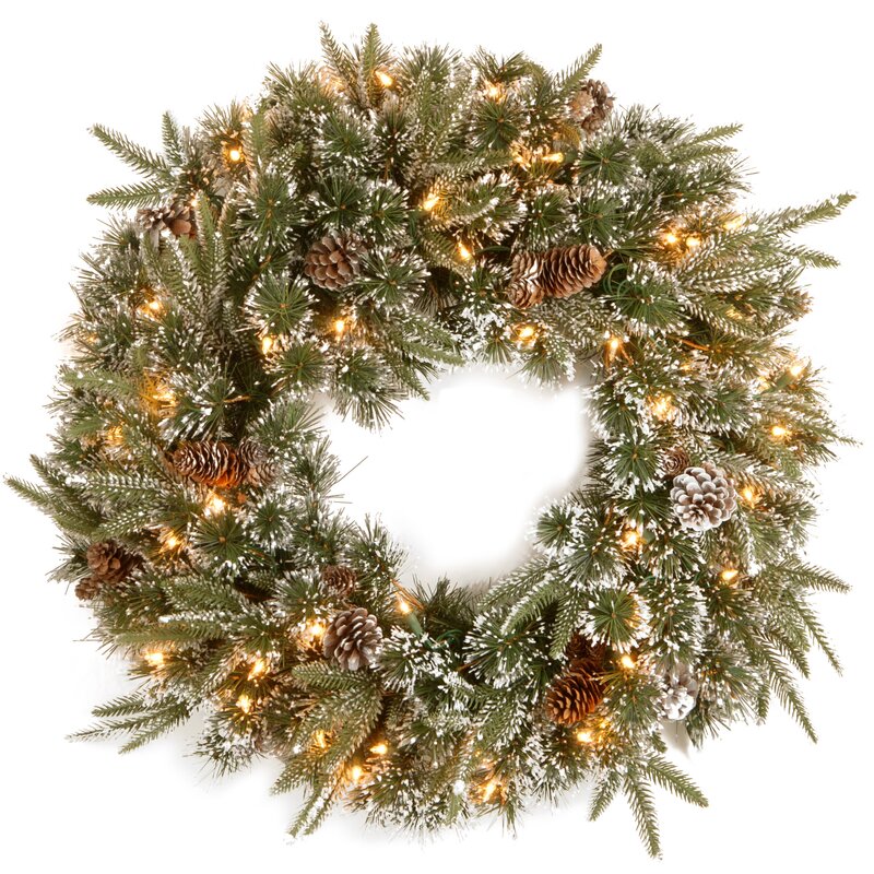24" Pine Wreath with Snow Pinecones with 50 Clear Lights KB1248-A5-B2-P21