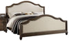 Queen Size Bed with Nail Head Trim, Arched Headboard, Linen Fabric Upholstery, Acacia Wood and Oak Veneer Materials in Weathered Oak Finish, (2 Boxes)