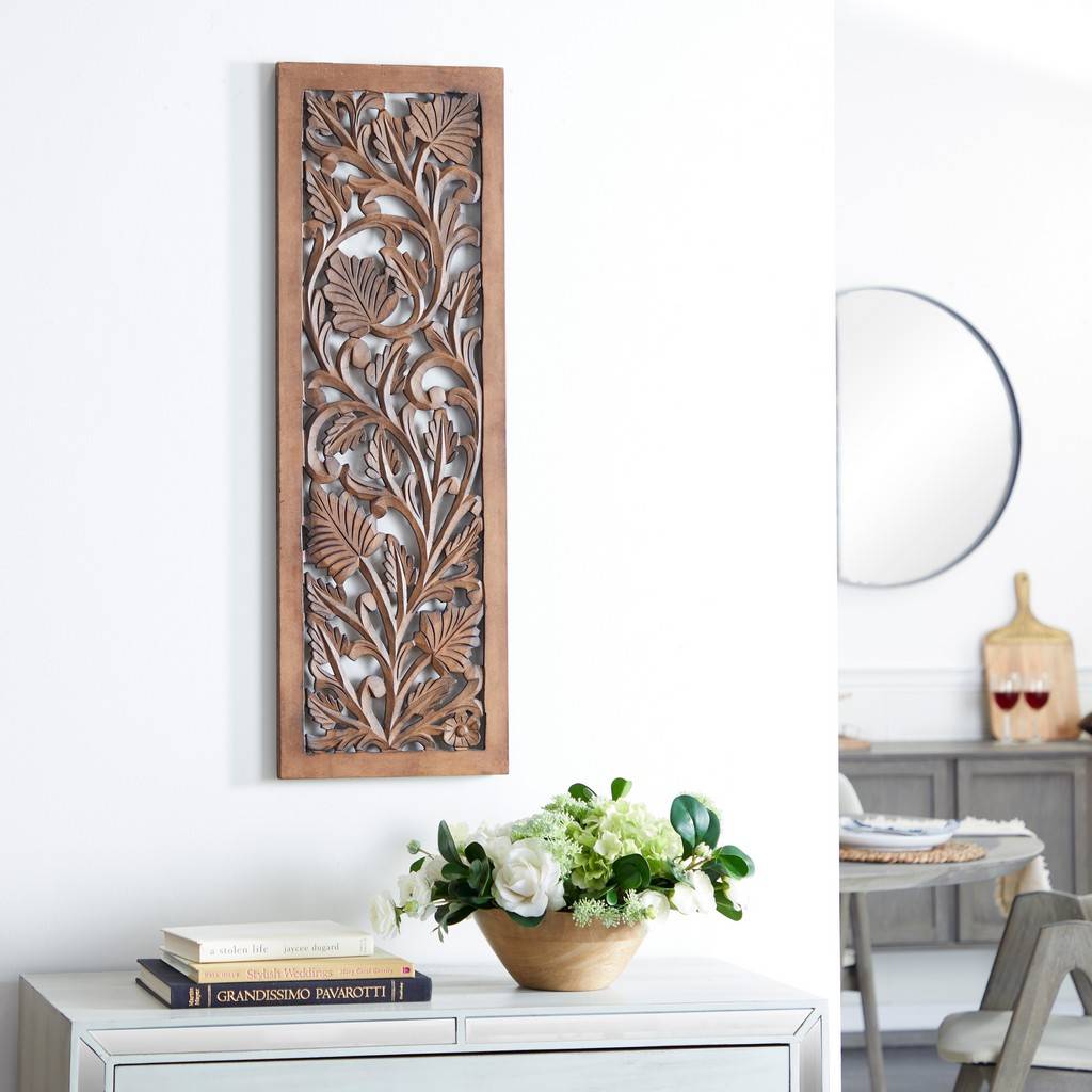 36 In. x 12 In. Traditional Floral Wall Decor Brown Wood