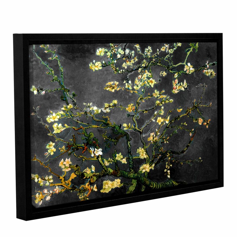 16" H x 24" W Gray/Yellow 'Almond Blossom-Interpretation In Dahilia Black' by Vincent Van Gogh Framed Painting Print on Wrapped Canvas CL746