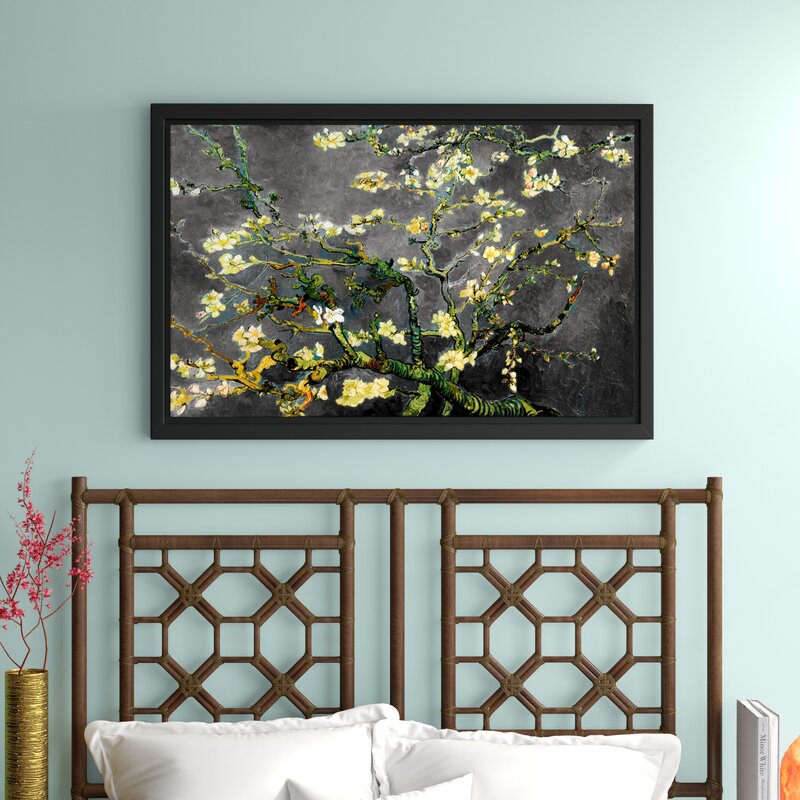 16" H x 24" W Gray/Yellow 'Almond Blossom-Interpretation In Dahilia Black' by Vincent Van Gogh Framed Painting Print on Wrapped Canvas CL746
