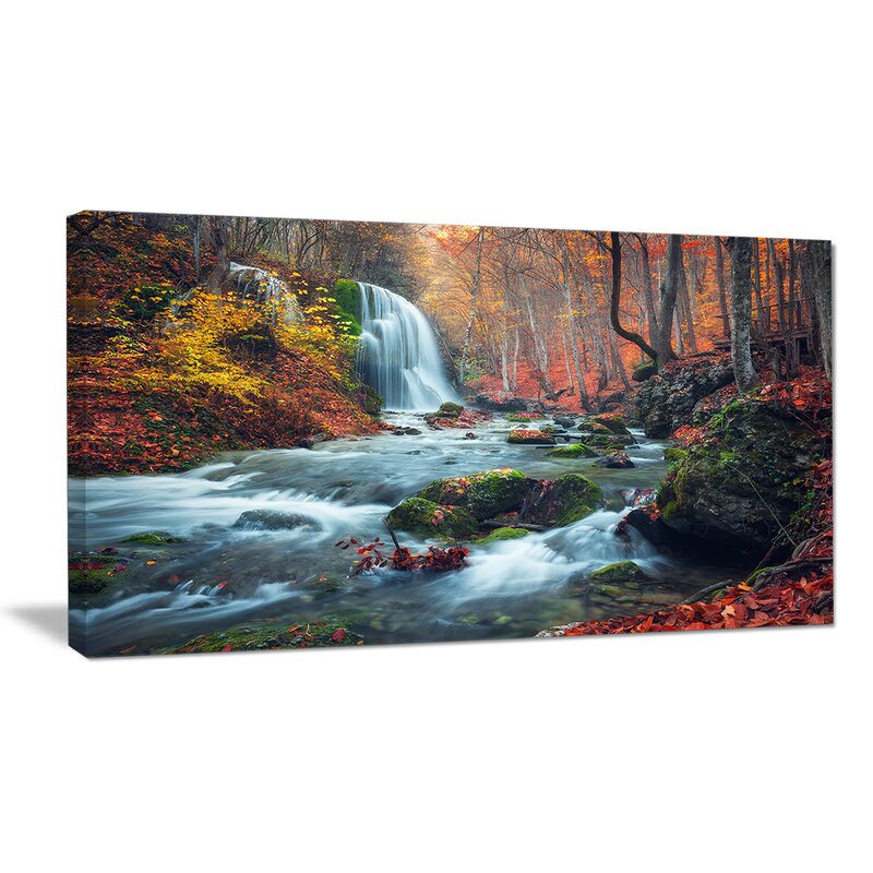 'Autumn Mountain Waterfall Long View' Photographic Print on Wrapped Canvas - 16" x 32" (#K3806)