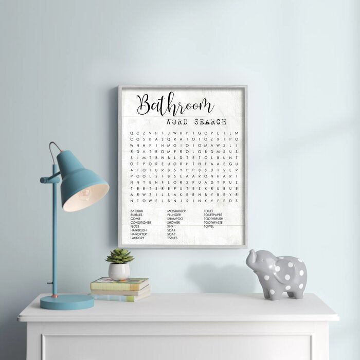 Black/White 'Bathroom Word Search Fun Family Word Design' by Daphne Polselli Graphic Art Print EJ863